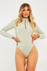 Sage Contrast Piping Zip Front Bodysuit - Betsy-Bodysuits