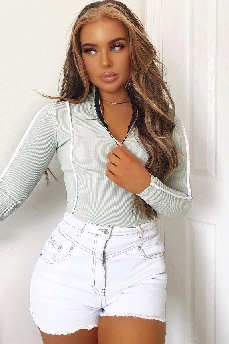 Sage Contrast Piping Zip Front Bodysuit - Betsy-Bodysuits