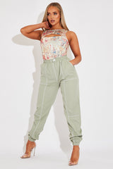Sage Contrast Stitch Cargo Trousers - Britanny-Trousers