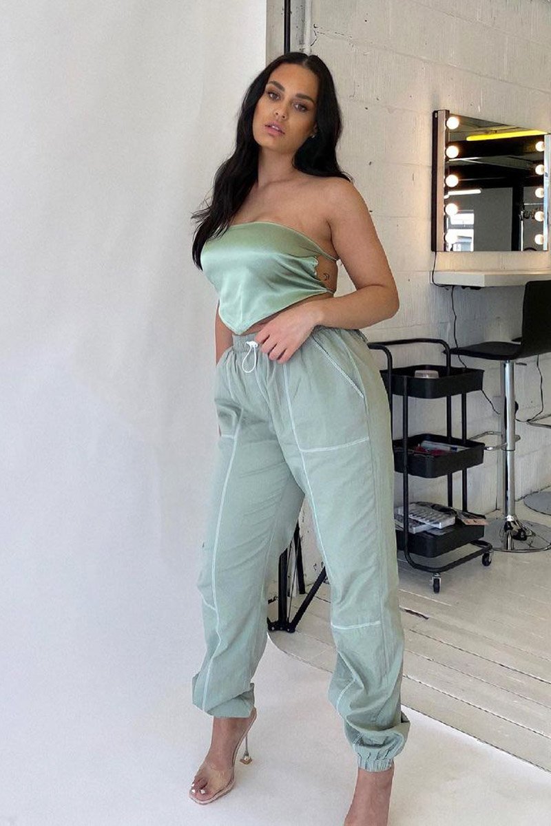 Sage Contrast Stitch Cargo Trousers - Britanny-Trousers