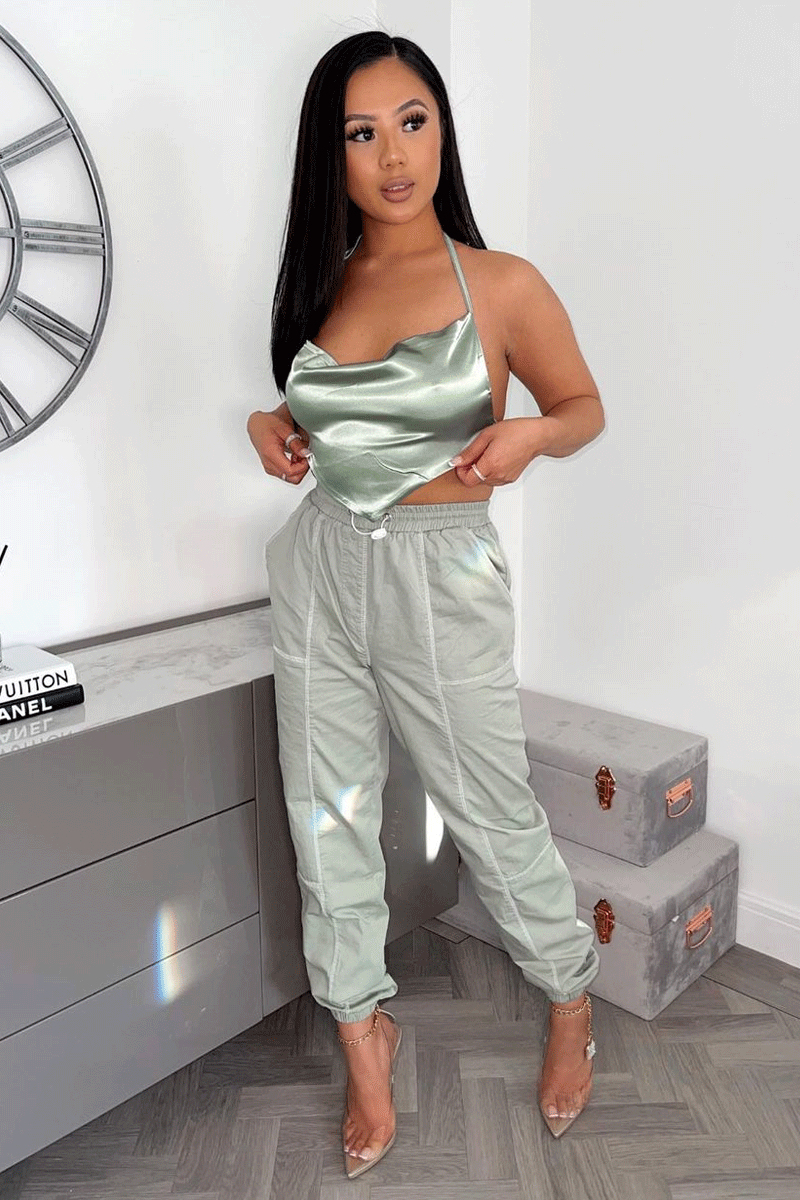 Sage Contrast Stitch Cargo Trousers - Britanny-Trousers