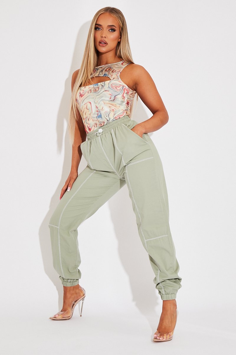Sage Contrast Stitch Cargo Trousers - Britanny-Trousers