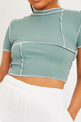 Sage Contrast Stitch Cropped Top - Elna-Crop Tops
