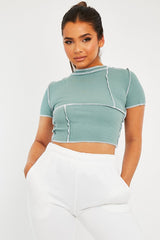 Sage Contrast Stitch Cropped Top - Elna-Crop Tops