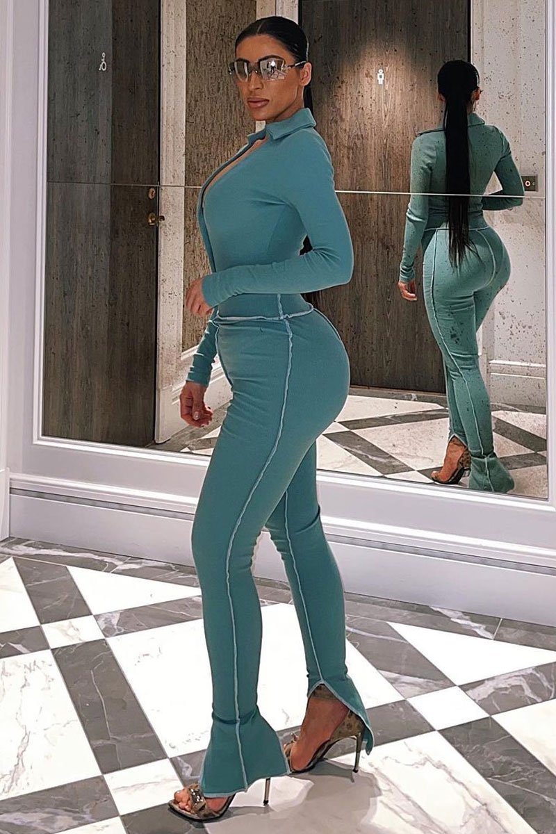 Sage Contrast Stitch Split Hem Leggings - Ria-Leggings