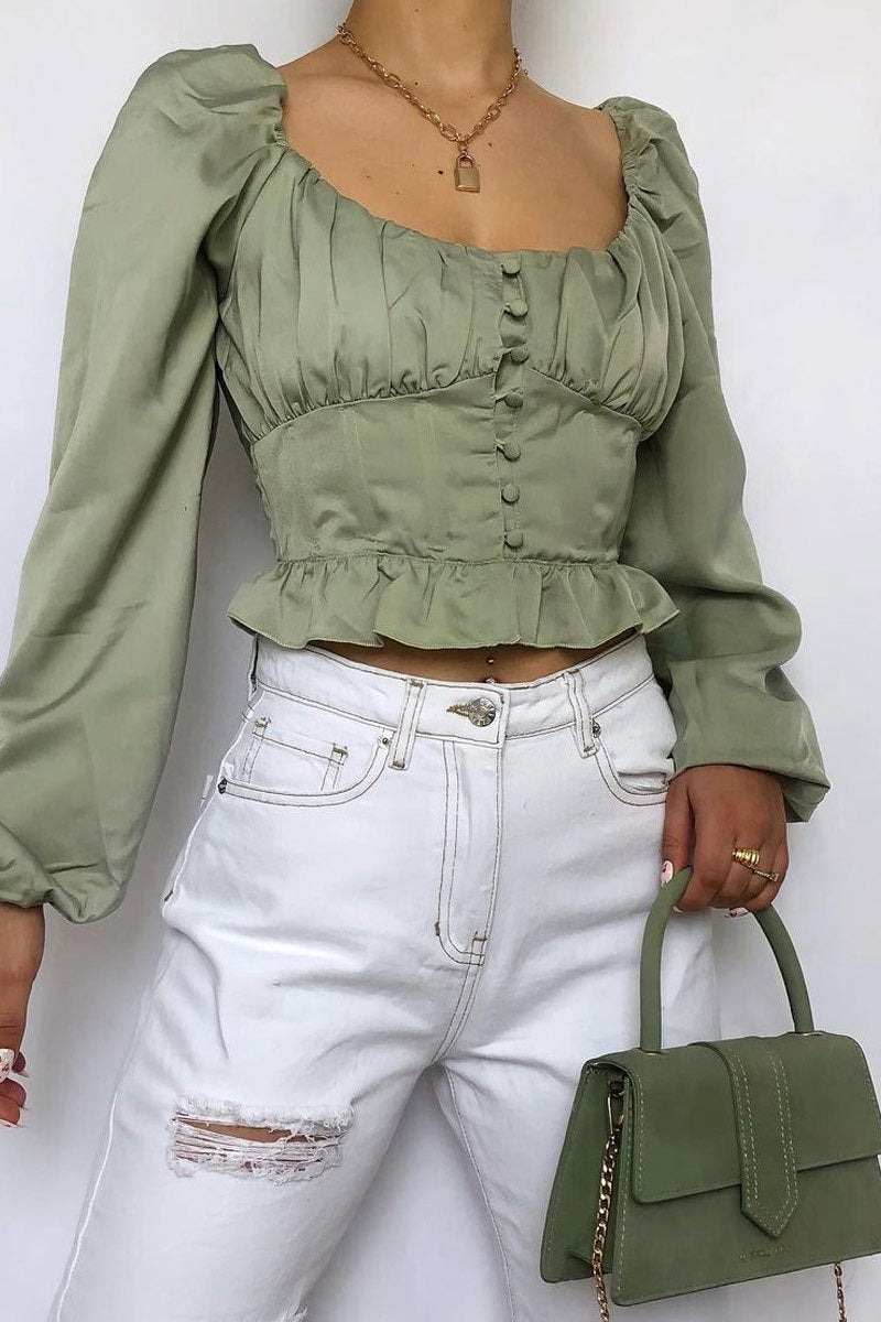 Sage Covered Button Top - Anelise-Tops
