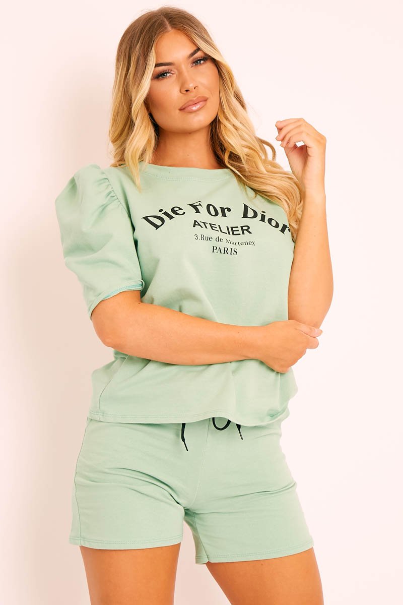Sage Die For Dior T-shirt and Shorts Loungewear Co-ord - Kaelie-Co-ords
