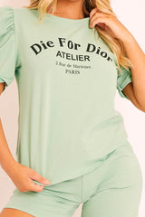 Sage Die For Dior T-shirt and Shorts Loungewear Co-ord - Kaelie-Co-ords