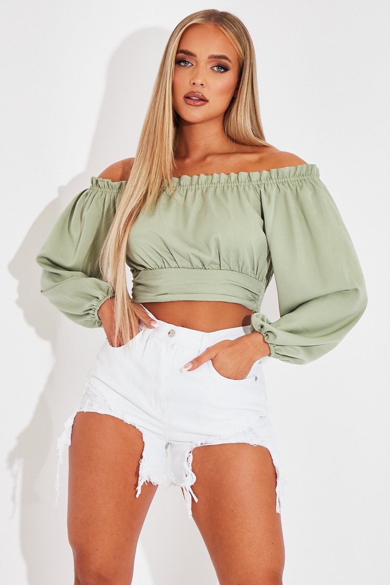 Sage Elasticated Bardot Crop Top - Amelia-Tops