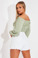 Sage Elasticated Bardot Crop Top - Amelia-Tops