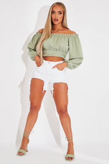 Sage Elasticated Bardot Crop Top - Amelia-Tops