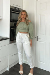 Sage Elasticated Bardot Crop Top - Amelia-Tops