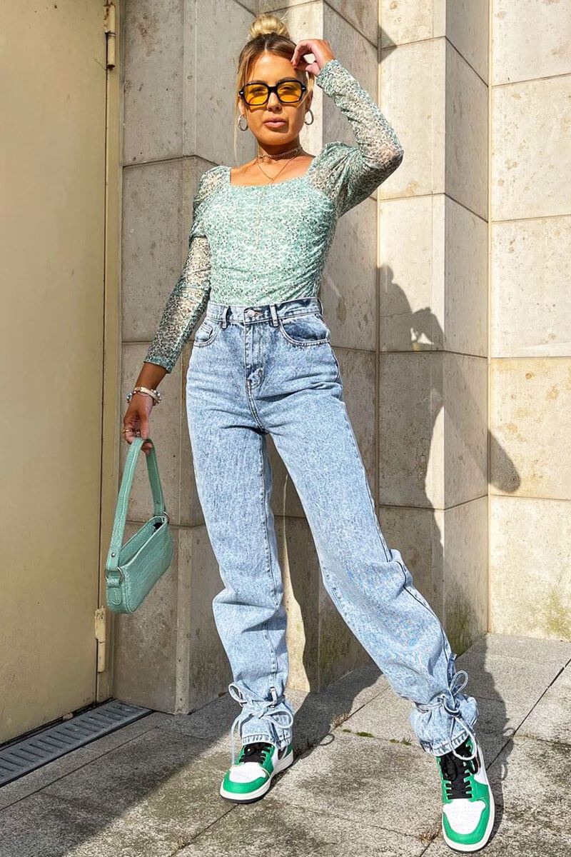 Sage Floral Puff Sleeve Bodysuit - Deana-Bodysuits