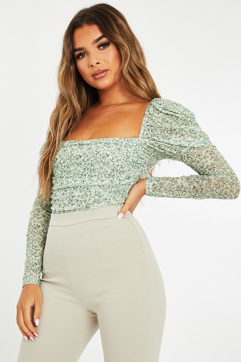 Sage Floral Puff Sleeve Bodysuit - Deana-Bodysuits