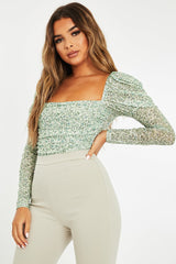 Sage Floral Puff Sleeve Bodysuit - Deana-Bodysuits