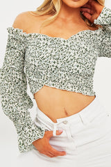 Sage Floral Shirred Bardot Crop Top - Harrlet-Crop Tops