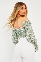 Sage Floral Shirred Bardot Crop Top - Harrlet-Crop Tops