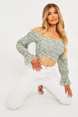 Sage Floral Shirred Bardot Crop Top - Harrlet-Crop Tops