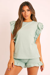 Sage Frill Hem T-shirt Short Loungewear Co-ord - Daleiza-Co-ords