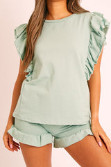 Sage Frill Hem T-shirt Short Loungewear Co-ord - Daleiza-Co-ords