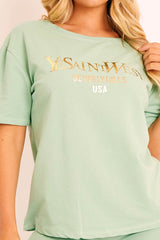 Sage Gold Beverly Hills T-shirt Cycling Shorts Co-ord - Laura-Co-ords