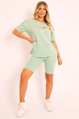 Sage Gold Beverly Hills T-shirt Cycling Shorts Co-ord - Laura-Co-ords