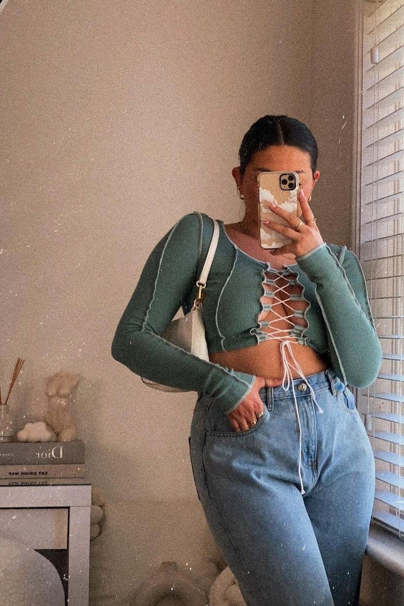 Sage Lace Up Contrast Stitch Long Sleeve Crop Top - Mitzi-Crop Tops