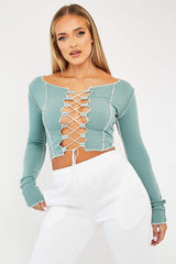 Sage Lace Up Contrast Stitch Long Sleeve Crop Top - Mitzi-Crop Tops