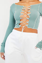 Sage Lace Up Contrast Stitch Long Sleeve Crop Top - Mitzi-Crop Tops