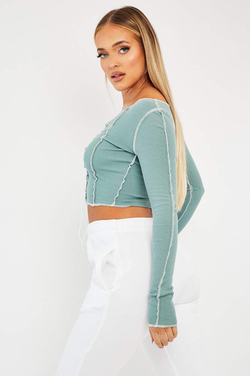 Sage Lace Up Contrast Stitch Long Sleeve Crop Top - Mitzi-Crop Tops