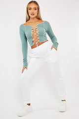 Sage Lace Up Contrast Stitch Long Sleeve Crop Top - Mitzi-Crop Tops