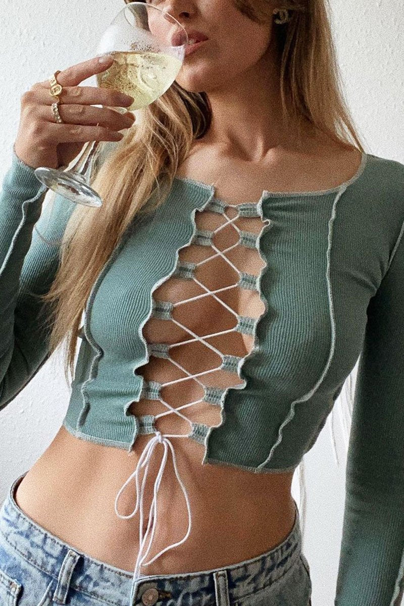 Sage Lace Up Contrast Stitch Long Sleeve Crop Top - Mitzi-Crop Tops