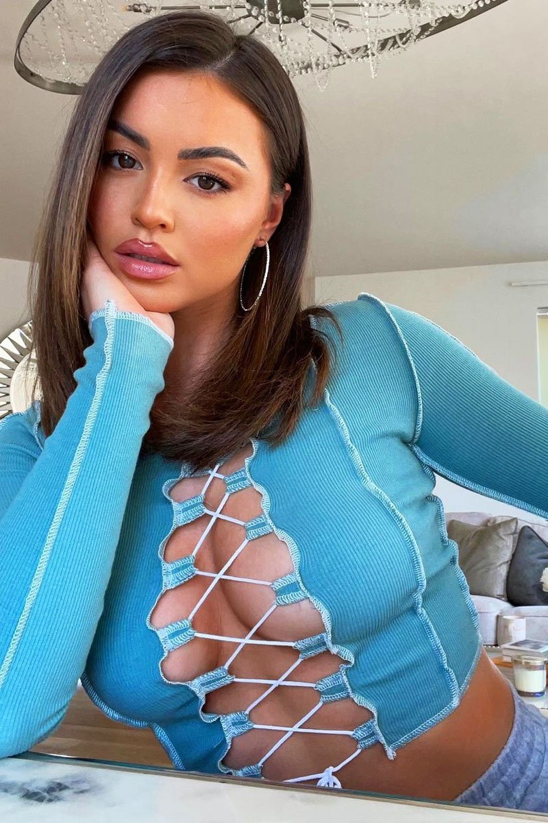 Sage Lace Up Contrast Stitch Long Sleeve Crop Top - Mitzi-Crop Tops