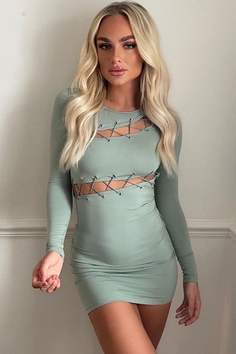 Sage Lace Up Detail Mini Dress - Tari