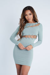 Sage Lace Up Detail Mini Dress - Tari-Dresses