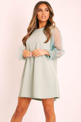 Sage Mesh Sleeve Shift Dress - Elizzie-Dresses