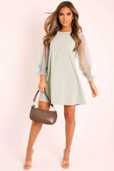 Sage Mesh Sleeve Shift Dress - Elizzie-Dresses
