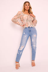 Sage Nude Floral Puff Shoulder Crop Top - Aaleah-Crop Tops