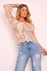 Sage Nude Floral Puff Shoulder Crop Top - Aaleah-Crop Tops