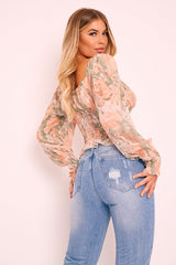 Sage Nude Floral Puff Shoulder Crop Top - Aaleah-Crop Tops