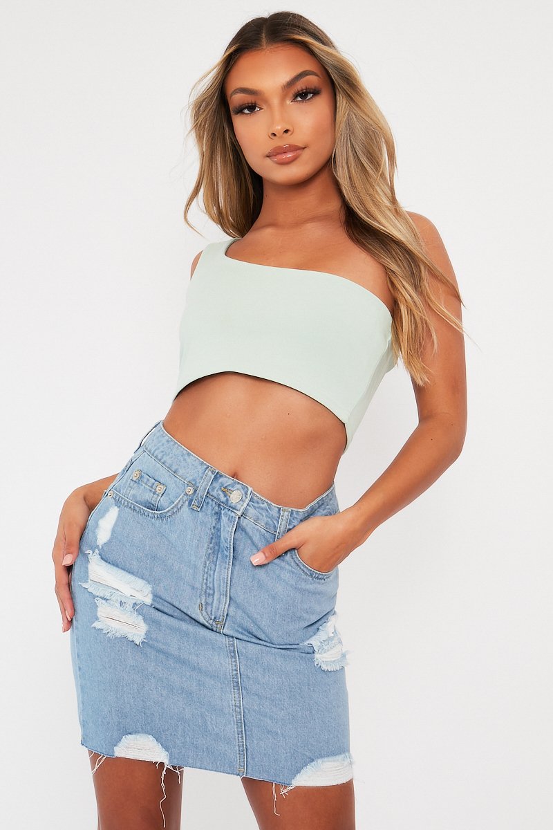 Sage One Shouldered Crop Top - Kamri-Crop Tops