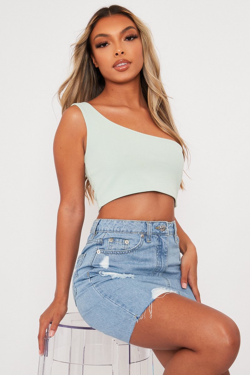 Sage One Shouldered Crop Top - Kamri-Crop Tops