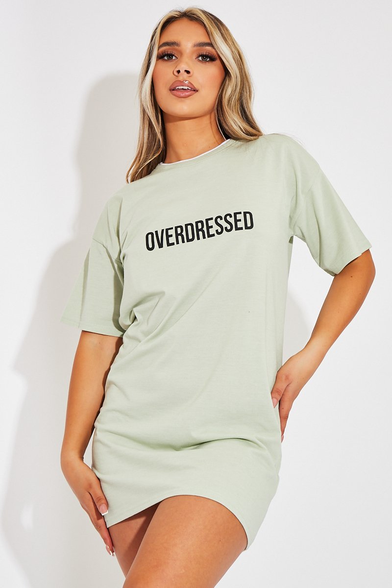 Sage Overdressed Slogan T-shirt Dress - Malia-Dresses