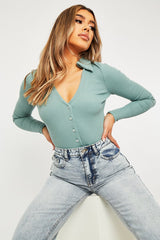 Sage Plunge Button Front Collar Bodysuit - Isabella-Bodysuits