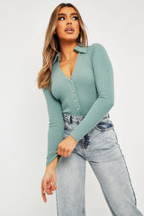 Sage Plunge Button Front Collar Bodysuit - Isabella-Bodysuits