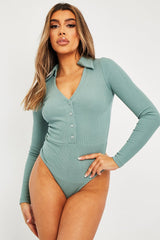 Sage Plunge Button Front Collar Bodysuit - Isabella-Bodysuits