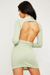 Sage Ribbed Back Cut Out Mini Dress - Eloise-Dresses