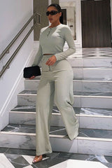 Sage Ribbed Button Front Top + Trouser Co-ord - Emani-Loungewear