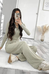 Sage Ribbed Button Front Top + Trouser Co-ord - Emani-Loungewear