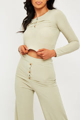 Sage Ribbed Button Front Top + Trouser Co-ord - Emani-Loungewear